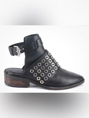 All Saints Black Leather Grommet Ankle Bootie with Buckle size eu 39